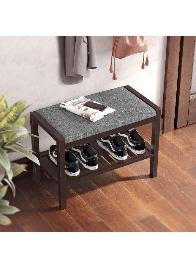 SONGMICS Shoe Rack Bench with Upholstered Padded Seat - Heavy Duty Entryway Organizer, Holds up to 158.8 kg - Storage Shelf for Bedroom & Hallway - Gray and Brown (60x43x32 cm) - Image 1